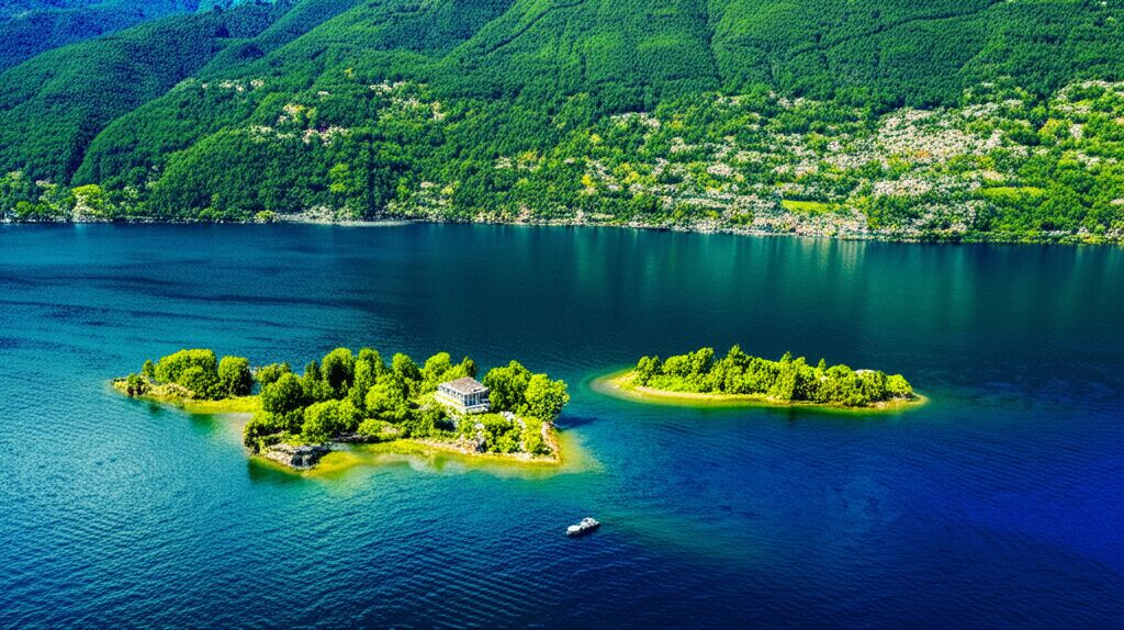 Isole su un lago alpino viste dall'alto