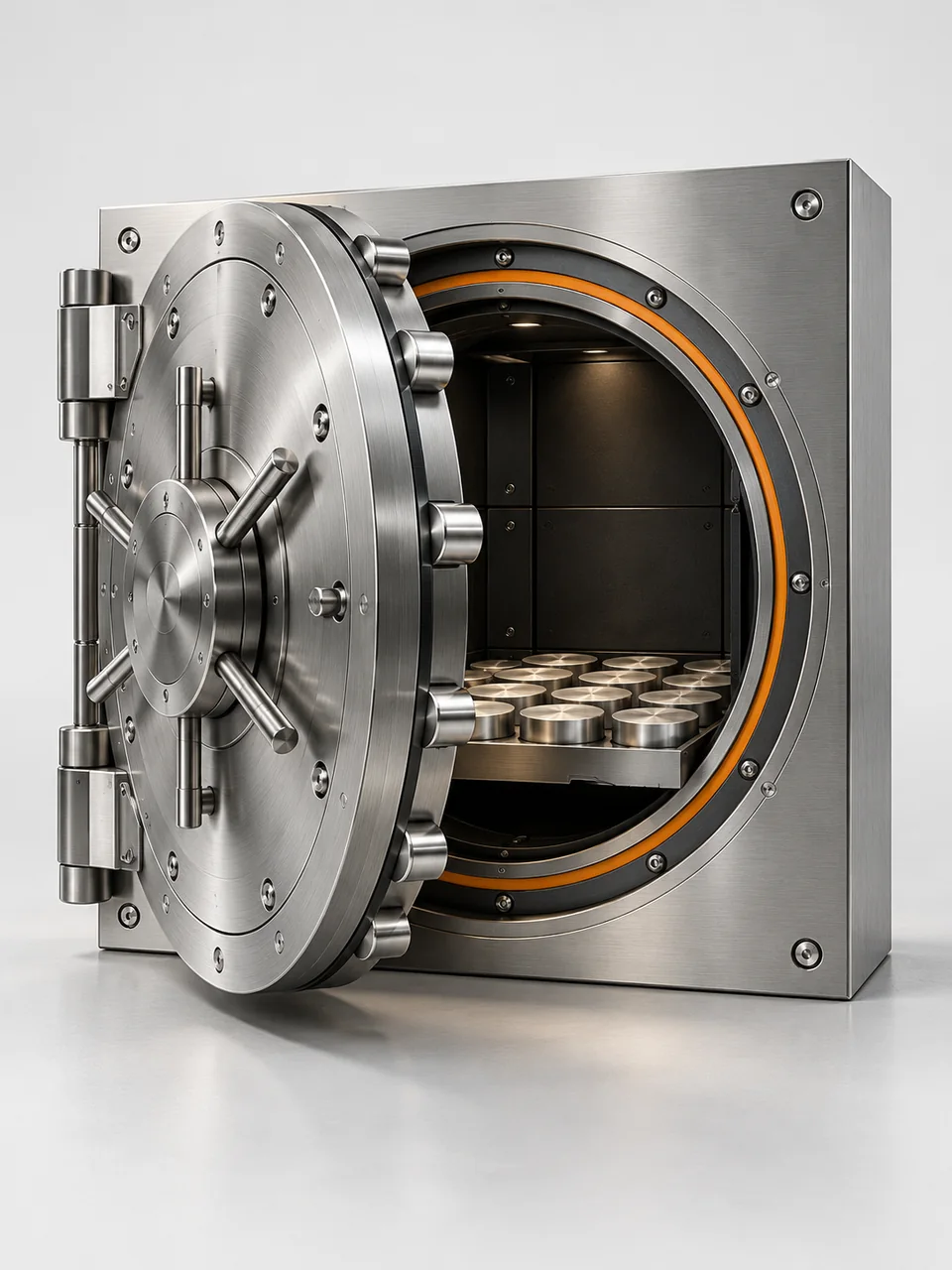 Caveau in acciaio con porta circolare e token custoditi al suo interno