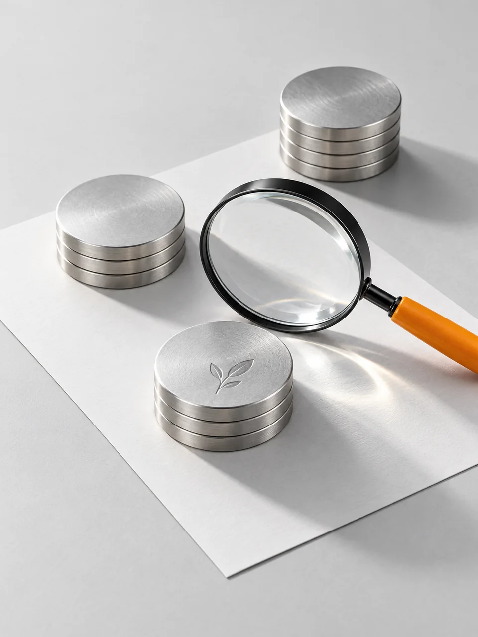 Lente d'ingrandimento e token in metallo su un foglio di analisi