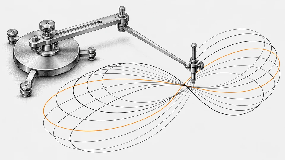 Incisione di uno strumento a bracci articolati che traccia curve cicliche