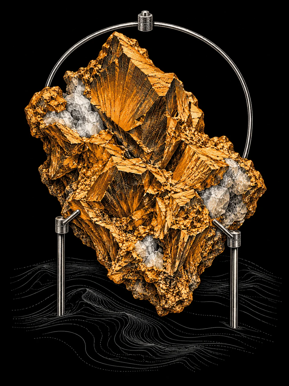 Incisione di un campione d'oro cristallino su un supporto mineralogico