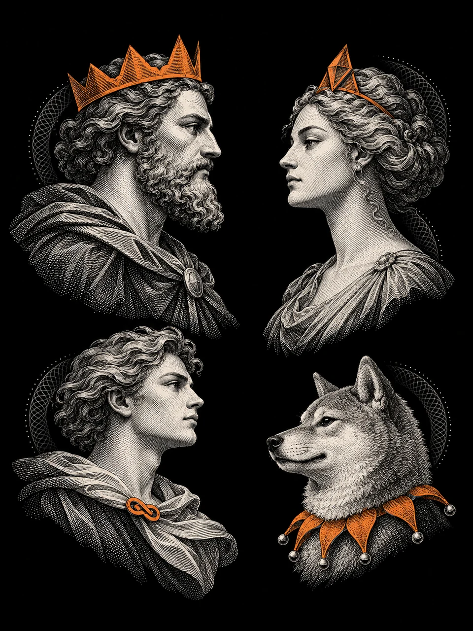 Profili incisi di un re, una regina, un principe e uno Shiba Inu con collare da giullare