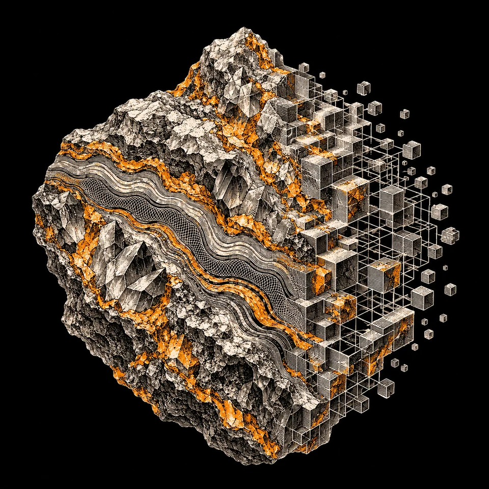Incisione di un minerale con venature arancioni che si trasforma in una struttura digitale